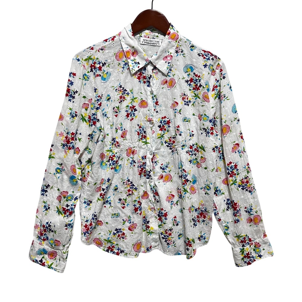 VTG New Direction Womens Floral Eyelet Button Front Blouse XL Cottage Peasant